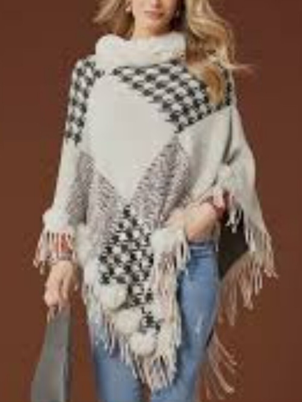 Coco + Carmen Cream and Black Fringed Geometric Poncho/0ne S